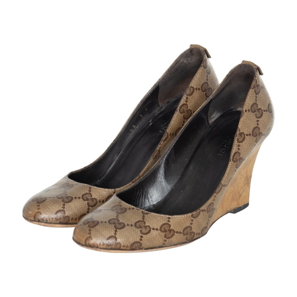 AUTHENTIC Gucci Monogram Y2K Leather Wedges, Size 7